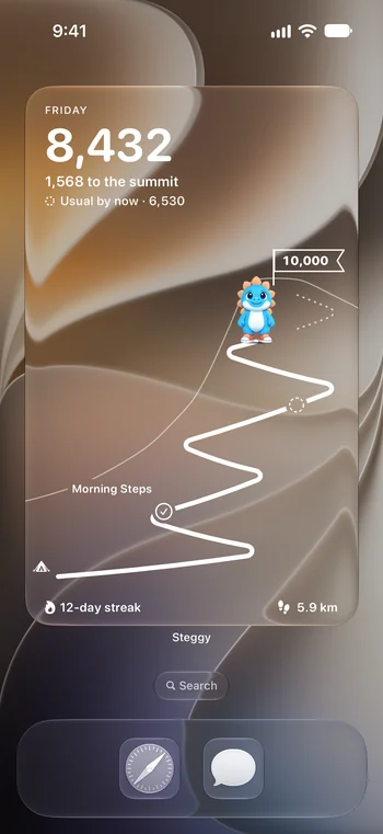 An iPhone Home Screen with Steggy’s Trail in Extra Large size, clear, light look.