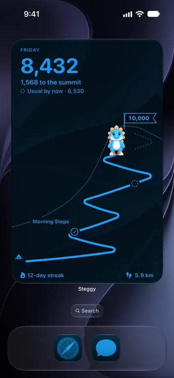 An iPhone Home Screen with Steggy’s Trail in Extra Large size, tinted, dark look.