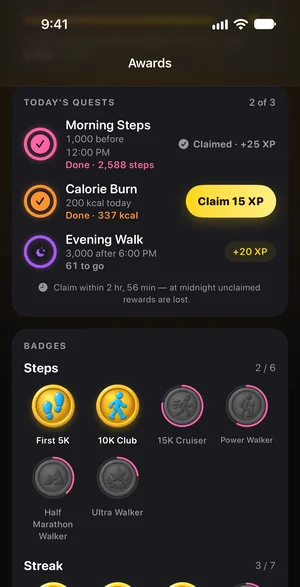 Awards in pink: the Morning Steps quest ring and its Done line, and the progress rings around the badges still to earn.