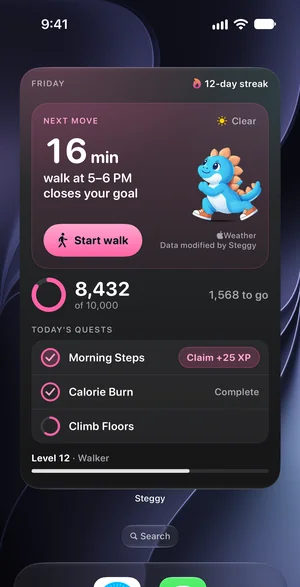 The Daily Coach widget in pink on the Home Screen: the Start walk button, the progress ring and the quest checkmarks.