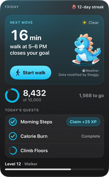 The Daily Coach widget in Extra Large size: Next move, a 16-minute walk at 5–6 PM closes your goal, a Start walk button, 8,432 of 10,000 steps and today’s quests.