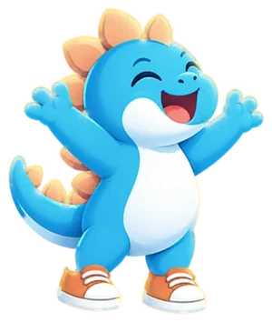 Steggy, a blue dinosaur in orange sneakers, cheering with both arms up.